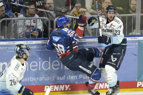 Unsanfte Landung für die Adler, im Bild mit Tyler Gaudet (links) gegen den Ingolstadter Maurice Edward.