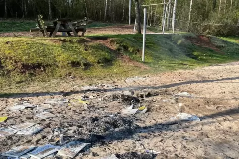 Unnötig und unschön: Unbekannte haben vor Ostern im Beachvolleyballfeld des Spielplatzes „Am Geiersberg“ Hunderte Tageszeitungen