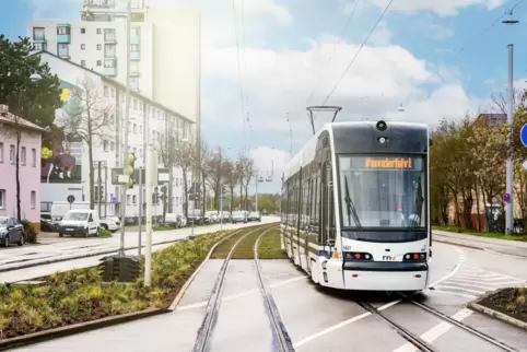 Diese neue Straßenbahn ist in Mannheim im Einsatz.