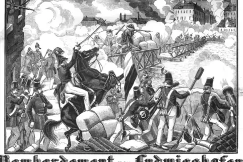 Ein zeitgenössischer Stich zeigt das „Bombardement von Ludwigshafen“.