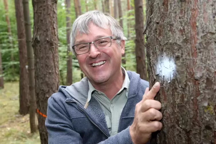 F&ouml;rster Volker Westermann zeigt auf einen Zukunftsbaum. 