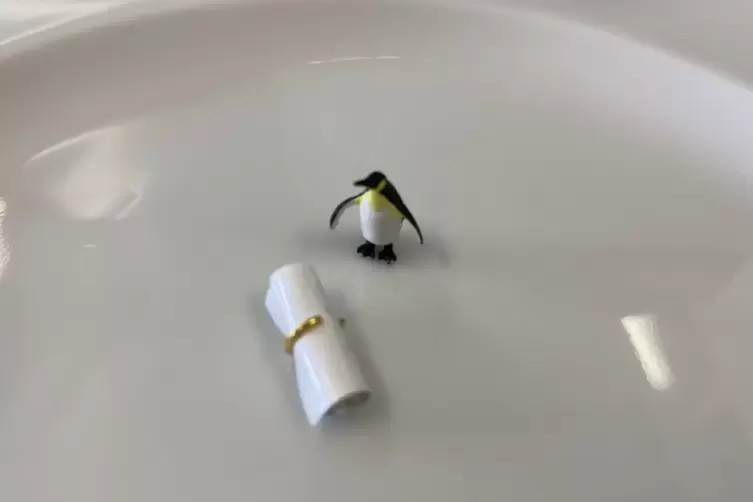 Der Mini-Pinguin hat eine Botschaft mitgebracht.