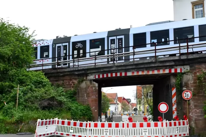Züge dürfen fahren: die für Autos und Fußgänger gesperrte Bahnüberführung in Freinsheim. Züge dürfen fahren: die für Autos und Fußgänger gesperrte Bahnüberführung in Freinsheim.