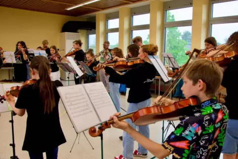 Kinder, Jugendliche und Erwachsene spielen Bratsche im Ensemble der Kreismusikschule und proben für „Dances“ am Samstag im Palat