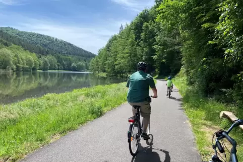 Burgen, Wald und Weiher, wie hier der Fleckensteiner Weiher, bieten schöne Ausblicke auf deutsch-französischen Radwegen.