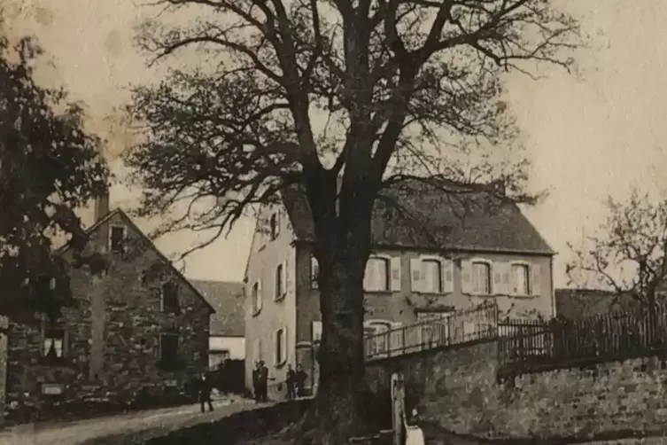 Die alte Postkarte vom Forsthaus zeigt den Brunnen an der Straße.