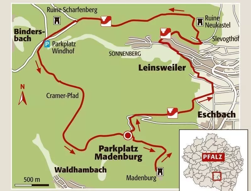 Die Wanderroute bei Eschbach und Leinsweiler.