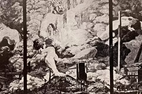 Wer weiß, wo das Bild ist? Schwarz-weiß-Aufnahme des Gemäldes „Explosion“ von Gustav Rossi aus dem Jahr 1922. 