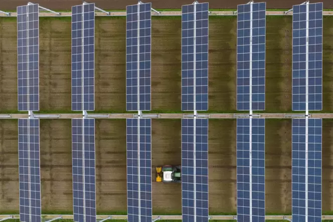 Ein Landwirt bewirtschaftet Ackerland, auf dem eine Fotovoltaikanlage steht. So ähnlich stellt es sich die Gemeinde Birkenhördt