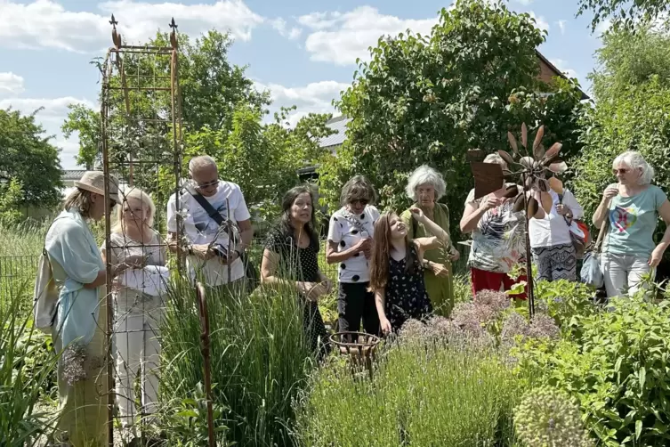 Die Teilnehmer der Kräuterwanderung beim Rundgang im Garten von Annette Matheis