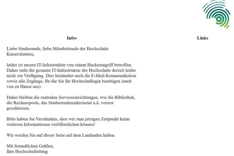 Die Hochschule Kaiserslautern hat eine Not-Homepage aufgesetzt, um über die Auswirkungen des Hackerangriffs zu informieren. 