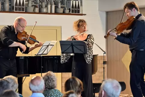 Wally Hase (Flöte), Sebastian Schmidt (Violine) und Andreas Willwohl (Viola) spielen Beethoven (von links). 