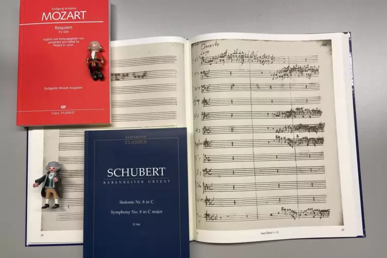 Mozart, Schubert und Händel (hier die erste Partiturseite des Autographs der „Feuerwerksmusik“ im Faksimile) und andere Komponis