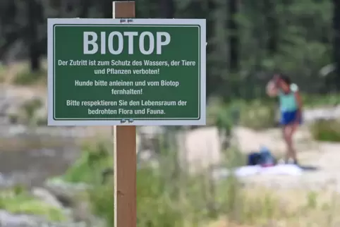 Mit dem Badehandtuch am „Rehbach-Strand“: Die sensiblen Uferzonen werden trotz Verbots gerne genutzt. 