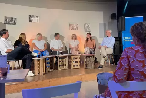 Diskussionsrunde zum Thema Kinderbetreuung mit (von links) FWG-OB-Kandidat Nicolas Meyer, Erzieherin Daniela Wargand, Tagesmutte
