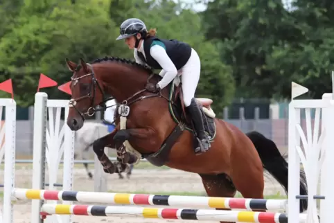 Samantha Theis vom RFV Zeiskam mit ihrer Stute Chapy beim Sprung über die Triplebarre.