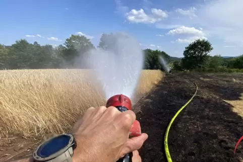 Die Feuerwehr im Einsatz auf dem brennenden Acker. 