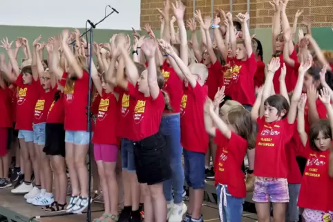 Lebhaftes Treiben: Beim Abschlusskonzert „Klasse! Wir singen“ vergangenen Freitag in der Turnhalle der Grundschule Brücken sange