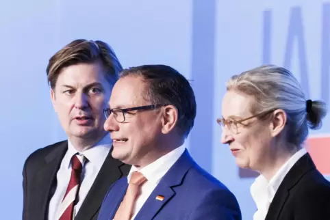 Maximilian Krah (links) führt die AfD-Liste zur Europawahl an, hier mit den Parteichefs Tino Chrupalla und Alice Weidel.