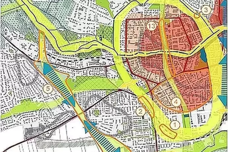 Diese Abbildung im Klimaanpassungskonzept der Stadt zeigt rechts den inneren gr&uuml;nen Ring. Die blauen Pfeile stehen f&uuml;r die Lufts