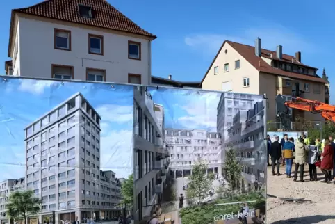 Im Oktober 2022 war erster Spatenstich, vorne ein Plakat des Investors zum künftigen Stadttor. 