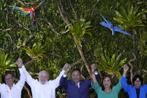 Staats- und Regierungschefs südamerikanischer Länder posieren für ein Gruppenbild während des Amazonas-Gipfels im Hangar Convent