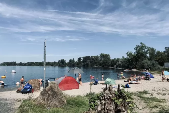 Der Badestrand befindet sich direkt am Eingang zum See, dahinter schließt sich die Liegewiese an.
