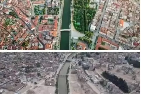 Das Foto zeigt die ganze Zerstörung des Ortes durch das Erdbeben: Antakya früher und heute.
