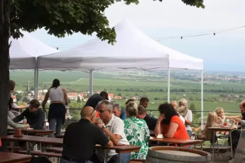 Beim Burgfest auf der Wachtenburg genießen die Besucher den Blick auf die Rheinebene.