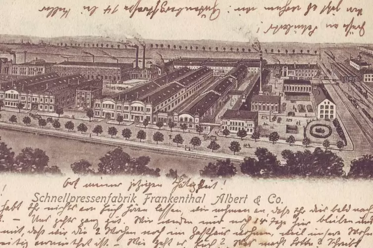 Diese Ansichtskarte zeigt das gesamte Fabrikgelände: im Vordergrund die Lambsheimer Straße, an deren Nordseite sich Werks- und V