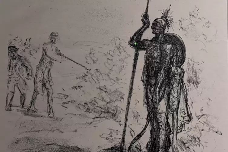 Max Slevogt: &bdquo;Hartherz tritt hervor&ldquo; (Folge: Lederstrumpf), 1909, Kreidelithografie.