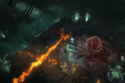 Ein Zauberer setzt Geistern mit seiner Flammenmagie zu.