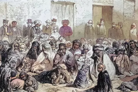 Warten auf Nahrung: Die Einwohner von Setif bei der Verteilung von Lebensmitteln an Frauen und Kinder im Jahr 1869. Unter den Ar