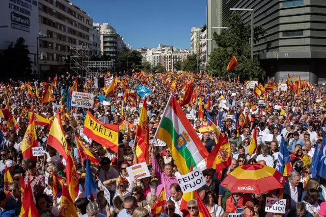 Rot-gelb-rotes Fahnenmeer. Tausende haben in Madrid gegen eine mögliche Amnestie für katalanische Separatisten protestiert.