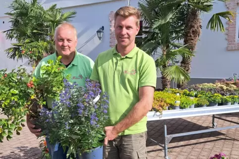 Jürgen und Markus von Blohn (v.l) von der Kuseler Gärtnerei Hanns präsentieren beliebte Pflanzen, die in Zeiten des Klimawandels