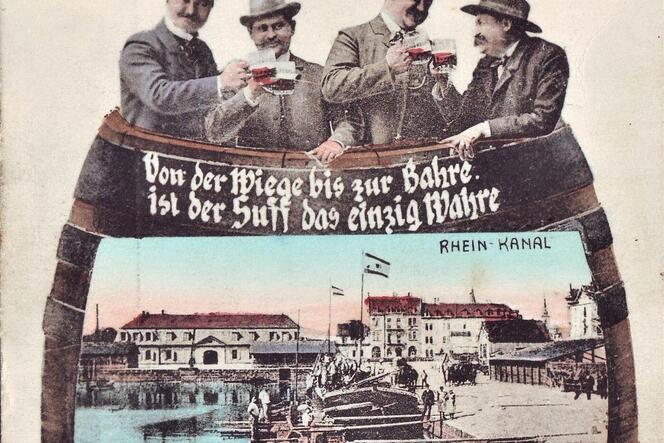 »Feucht-fröhliche Grüße aus dem gemütlichen Frankenthal«: Ansichtskarte von Anfang des 20. Jahrhunderts.