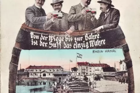 „Feucht-fröhliche Grüße aus dem gemütlichen Frankenthal“: Ansichtskarte von Anfang des 20. Jahrhunderts. 