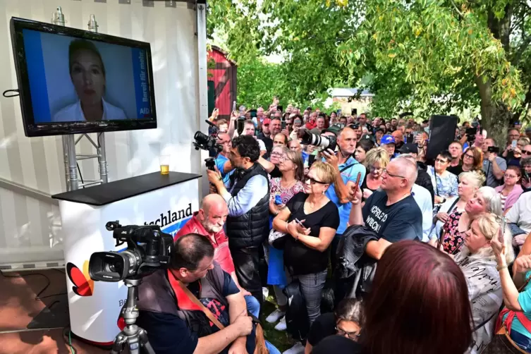 Am Dienstag spricht die AfD-Vorsitzende Alice Weidel aus Sicherheitserwägungen nur per Video zu ihren Anhängern in Mödlareuth. D