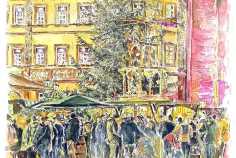 Ausschnitt aus dem Titelmotiv: Weihnachtsmarkt auf dem Marktplatz. 