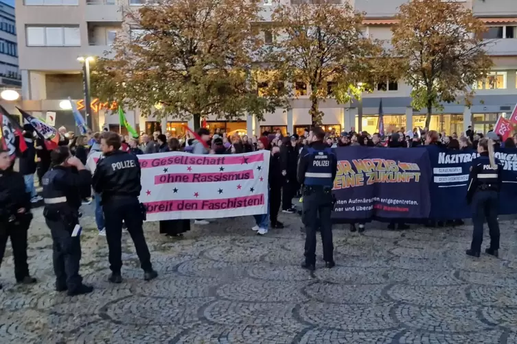 Auf dem Theaterplatz vor dem Pfalzbau wurde gegen die AfD-Veranstaltung am Dienstag protestiert.