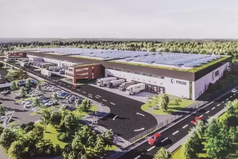 So soll das neue Logistikzentrum aussehen, das die Firma Fiege am Homburger Gewerbegebiet am Zunderbaum bauen will. 