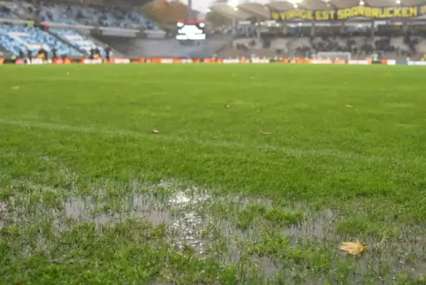 Bietet momentan eher Wassertieren denn Fußballern einen Ort zum Wohlfühlen: der Rasen im Ludwigspark. 