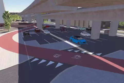 So könnte der Radschnellweg unterhalb der neuen Hochstraße Süd verlaufen – mit ausreichend Raum für Parkplätze. 