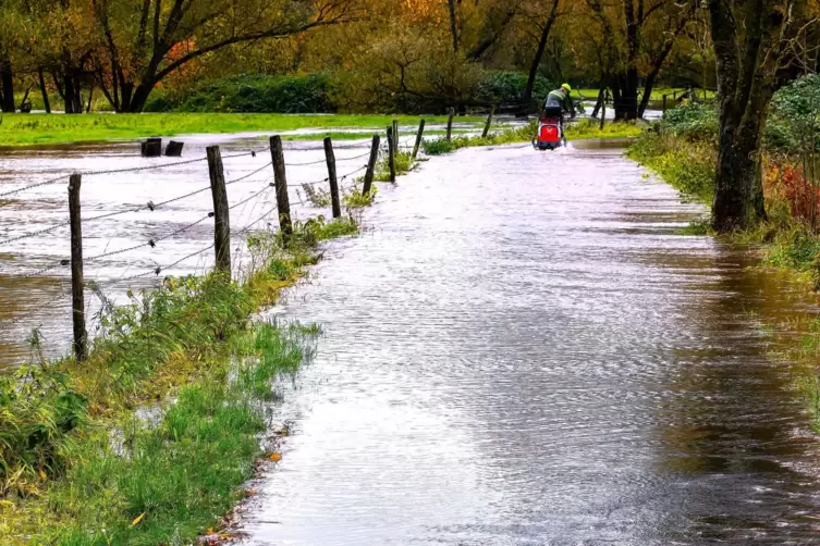 Der Bliestalradweg ist wegen des Dauerregens an mehreren Stellen stark überflutet.