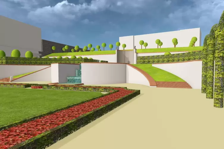 Die Visualisierung von Marc Sattel zeigt einen Teil der ersten Terrassenebene mit Beet, Bogeng&auml;ngen sowie der von Rasentreppen g