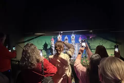 Schnell auf „Aufnahme“ gedrückt. Blogger und Bloggerinnen vor dem in Szene gesetzten Playmobil-Märchenschloss. 