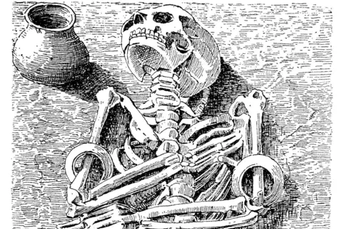 Skelett in einem Grab mit Grabbeigaben, Deutschland, Steinzeit, digital restaurierte Reproduktion einer Originalvorlage aus dem 