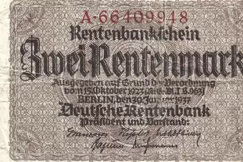 Ab dem 1. November 1923 erhielt man für zwei Billionen Papiermark zwei Rentenmark.