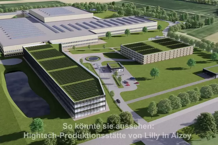 Eine Computer-Animation zeigt, wie das geplante Eli-Lilly-Werk in Alzey aussehen k&ouml;nnte. Es soll bereits 2027 in Betrieb gehen. 
