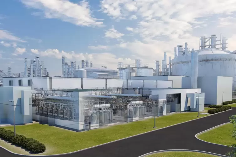 Das Modell: So soll die Anlage zur Wasserelektrolyse im BASF-Stammwerk in Ludwigshafen einmal aussehen.